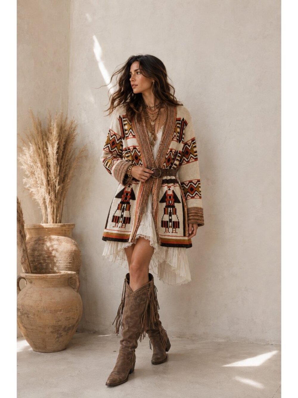 Vintage 1970s BROOKS Aztec Tribal Belted Wrap Cardigan Sweater S/M
